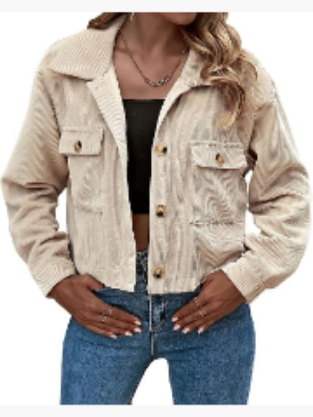 Cropped Corduroy Plaid Shacket Jacket Button Down Long Sleeve